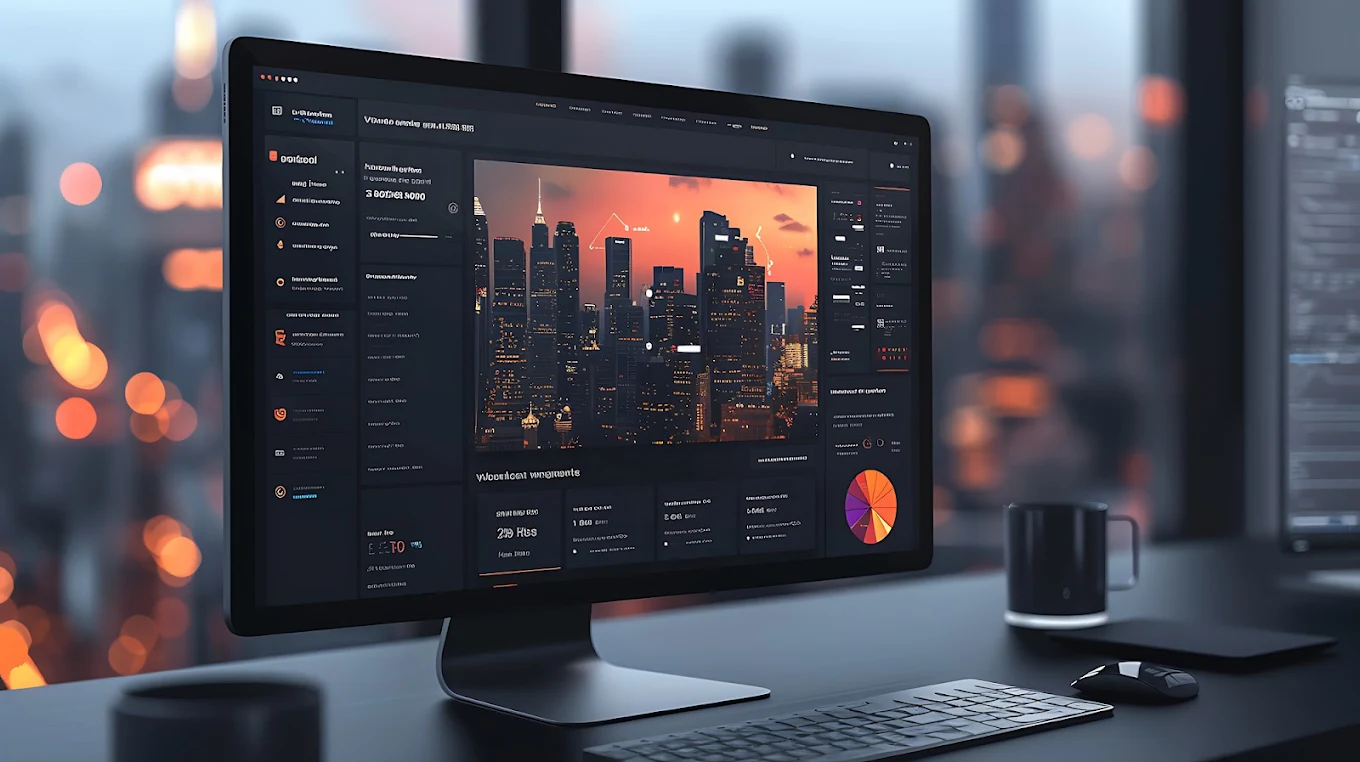 Professional web development dashboard with analytics and city skyline